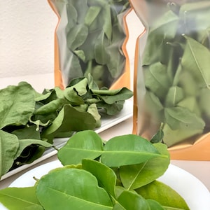 May include: Two clear plastic bags with gold zippers filled with dried green kaffir lime leaves. A white plate with a pile of fresh green kaffir lime leaves.