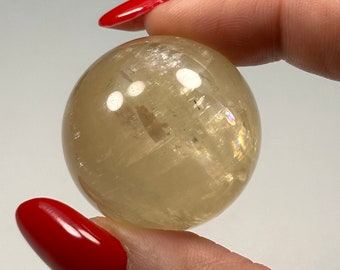 Honey Calcite Sphere – 32 mm Polished Crystal Ball with Internal Rainbows