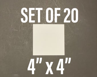 May include: A set of 20 white, square tiles, each measuring 4 inches by 4 inches. The text "SET OF 20" and "4" x 4"" is displayed in white, bold font above and below the tile.