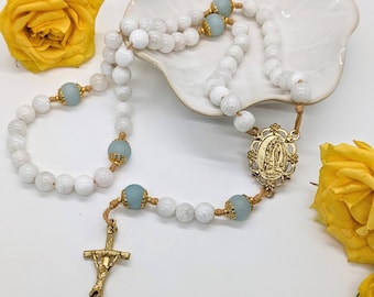 Our Lady of Lourdes Rosary | Blue and White Gold Cord Rosary
