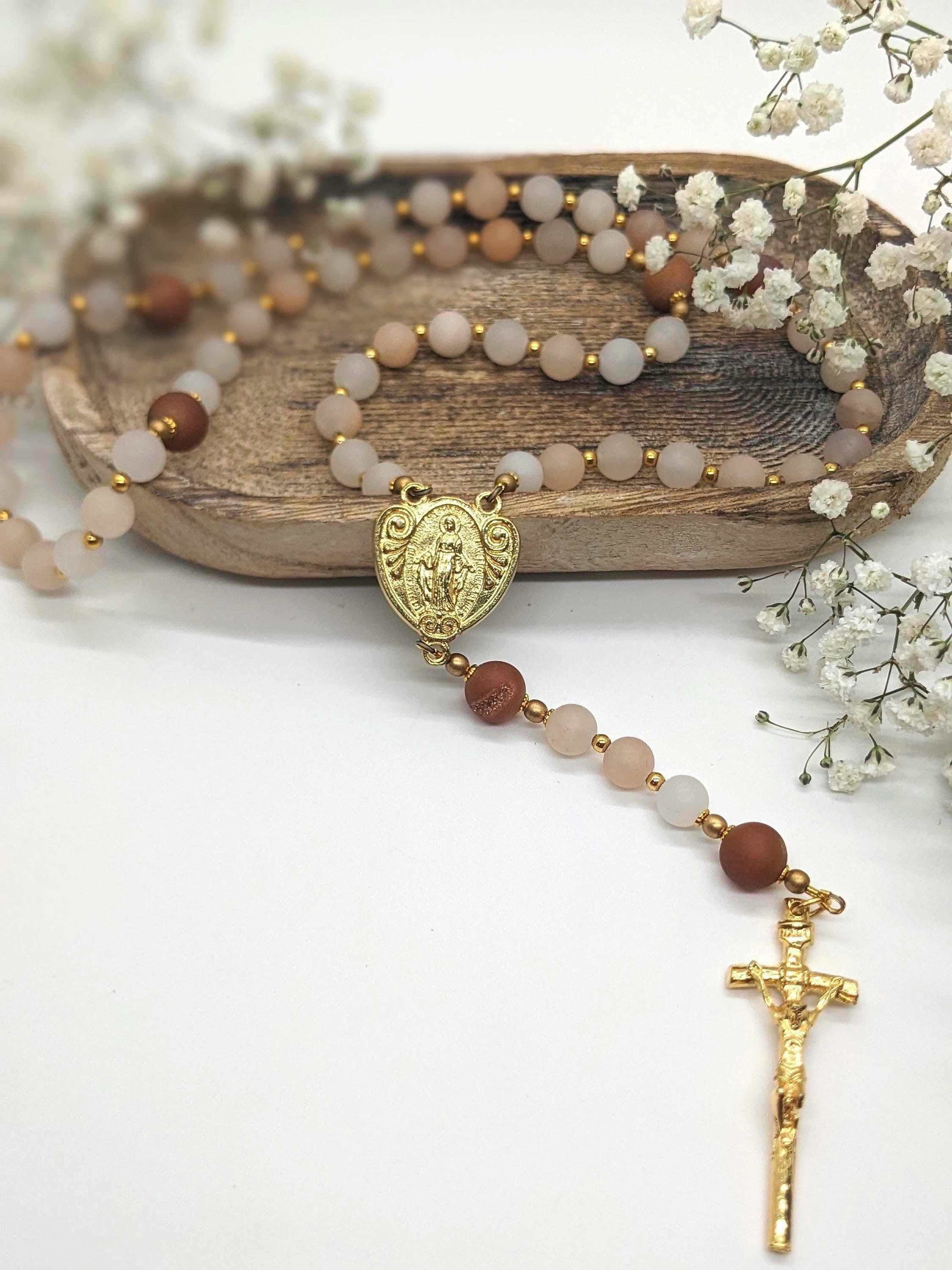 Pink Aventurine and Agate Miraculous Medal Gold Rosary