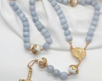 Light Blue Miraculous Medal Floral Capped Gold Rosary