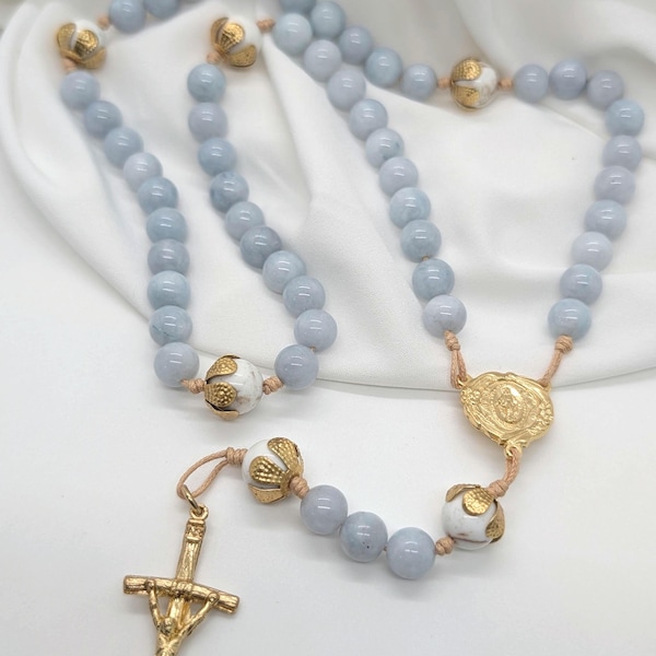 Light Blue Miraculous Medal Floral Capped Gold Rosary