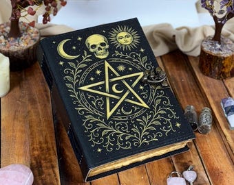 Handmade Leather Grimoire Journal – Pentagram Moon Design, Book of Shadows