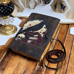 Grimoire Vintage leather journal, Raven Leather Journal, Blank spell book of shadows Celestial Gifts For Him Her, Halloween Decoration gift