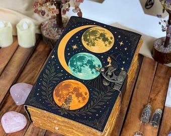 Himmlische Mondphase Lederbuch - Vintage Büttenpapier Notizbuch Skizzenbuch