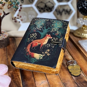 400 Pages Large Grimoire Fox Leather Journal - Blank Spell book of shadows Fat journal, Vintage Notebook Sketchbook for women Christmas Gift