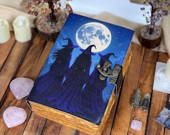 Three Witches Moon Journal | Witchcraft Grimoire | Celestial Spell Book | Deckle Edge Paper Notebook