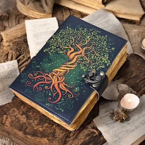 Vintage leather journal, Grimoire Print Tree of Life Journal, Blank spell book book of shadows Leather Celestial Gifts For Him Her.