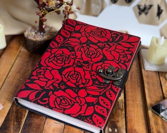 Handmade Leather Journal: Red Rose Embossed Gothic Lock Diary
