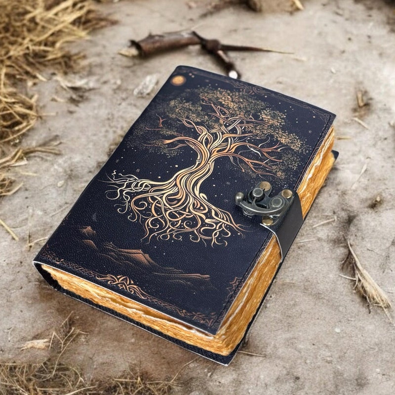 Handmade Deckle Edge Paper Journal with Pen and Text, 200/400 Page Tree of Life Leather Sketchbook, Spell Book with Vintage Clasp Lock, Celestial Gifts for Friends/Him/Her