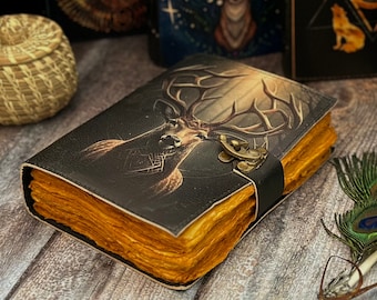 Diario de grimorio de cuero: cuaderno con estampado de ciervo, libro de sombras en blanco, libro de hechizos wiccanos