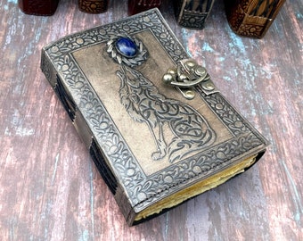 Leather Journal Writing Notebook Antique Handmade Howl Moon Stone Wolf Embossed Daily Notepad for Men & Women Unlined Paper Christmas Gift