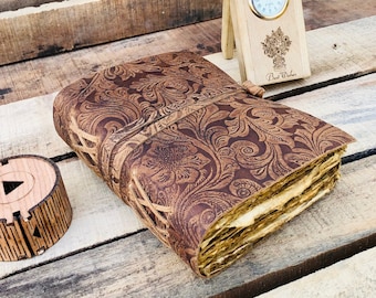 Vintage Leather Journal, Flower Embossed Notebook Or Sketchbook, Antique Deckle Edge Paper, Book Of shadows, Christmas Gift for Men Women