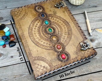 Diario de cuero hecho a mano - Libro de las Sombras de los Siete Chakras, Grimorio en relieve