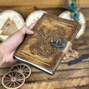 Dragon Leather Journal Vintage look Paper Antique/Medieval | Personalized gift, grimoire journal, Pagan, wiccan gift 7 x 5 inches