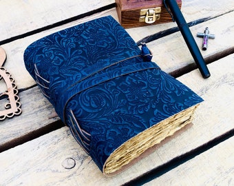 Nouveaux beaux journaux en cuir bleu, carnet de notes ou carnet de croquis papier antique vintage Deckle, livre des ombres, cadeau en cuir pour homme et femme