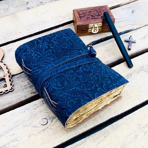 Handmade Vintage leather Journal - Blank Spell Book of Shadows, Grimoire Journal, Travel Writing Notebook, Deckle Edge Paper, Blue Flower