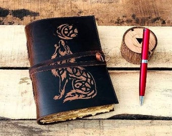 Personalized Handmade Wolf Leather Bound Journal - Witchcraft Wicca Spell Book - Vintage Deckle Edge paper - Notebook Diary Notepads 7x5 in