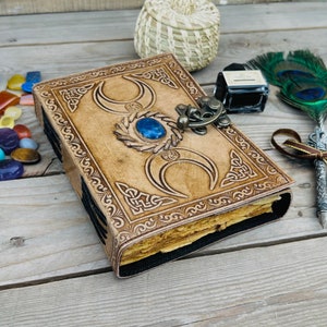 book of shadows, Vintage Leather Journal Third Eye Crystal Stone Triple Moon journal, Three Color Best Leather Gifts For him her