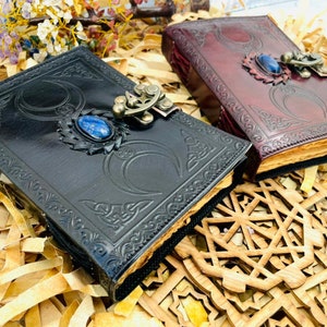 Pack Of 2 book of shadows, Vintage Leather Journal Third Eye Crystal Stone Triple Moon journal, Antique Deckle Edge Paper, Sketchbook