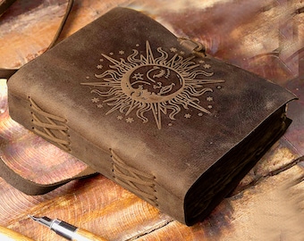 Sun & Moon Leather Journal, Handmade Deckle Edge Book of Shadows