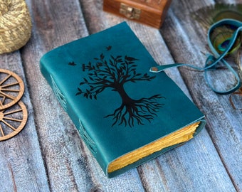 Journal en cuir arbre de vie, carnet relié en cuir bleu ciel, livre d'or de mariage, journal de voyage, carnet de croquis, livre de recettes, cadeau de Noël