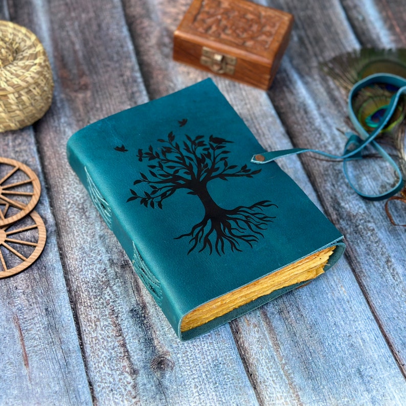 Tree of life Leather Journal, Sky Blue Leather Bound Notebook, Wedding Guest Book, Travel Journal, Sketchbook, recipes book, Christmas Gift image 1