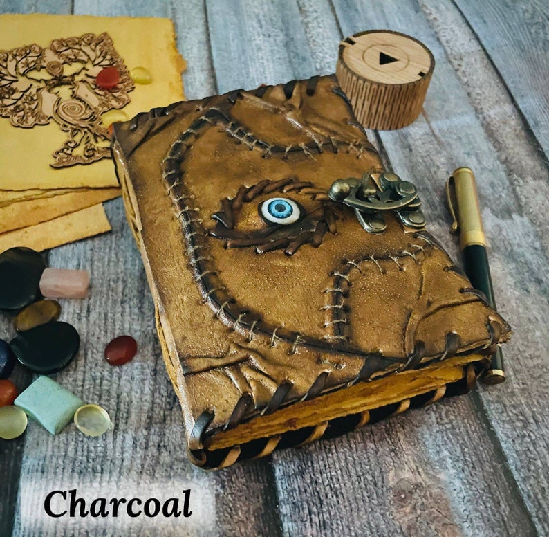 Handmade Leather Journal - Hocus Pocus Spell Book of Shadows, Antique Blank Book Charcoal