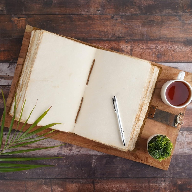 Pode incluir: Um di&aacute;rio aberto em branco com uma capa de couro marrom est&aacute; sobre uma superf&iacute;cie de madeira. Tamb&eacute;m h&aacute; uma caneta prateada, uma x&iacute;cara de ch&aacute; branca e uma pequena planta em vaso sobre a superf&iacute;cie.