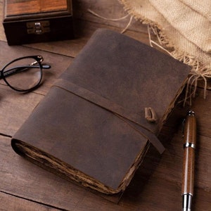 Personalized Vintage Leather Journal - Burnt Deckle Edge Vintage Paper - Handmade Leather Bound Journal - Leather Sketchbook - 200 Pages
