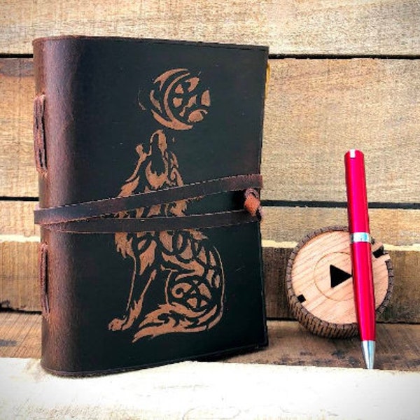 Personalized Wolf Embossed Handmade Leather Bound Journal Writing Notebook Diary Notepads for Men & Women Blank Paper Vintage book