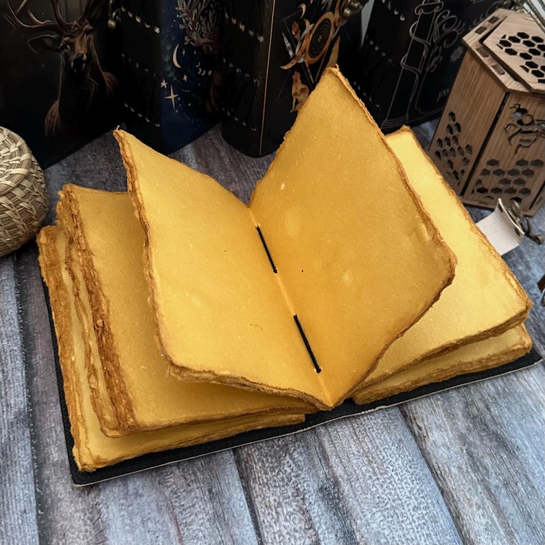 May include: A handmade journal with a black leather cover and yellowed paper pages. The journal is open to reveal the pages and the binding.