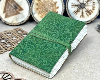 Green Floral Embossed Leather Journal | Watercolor Paper - 150 GSM Thick Deckle Edge Virgin Cotton Handmade Paper - Off White