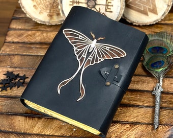 Handmade Leather Spell Book: Luna Moth Journal, Vintage Lock & Deckle Edge Paper