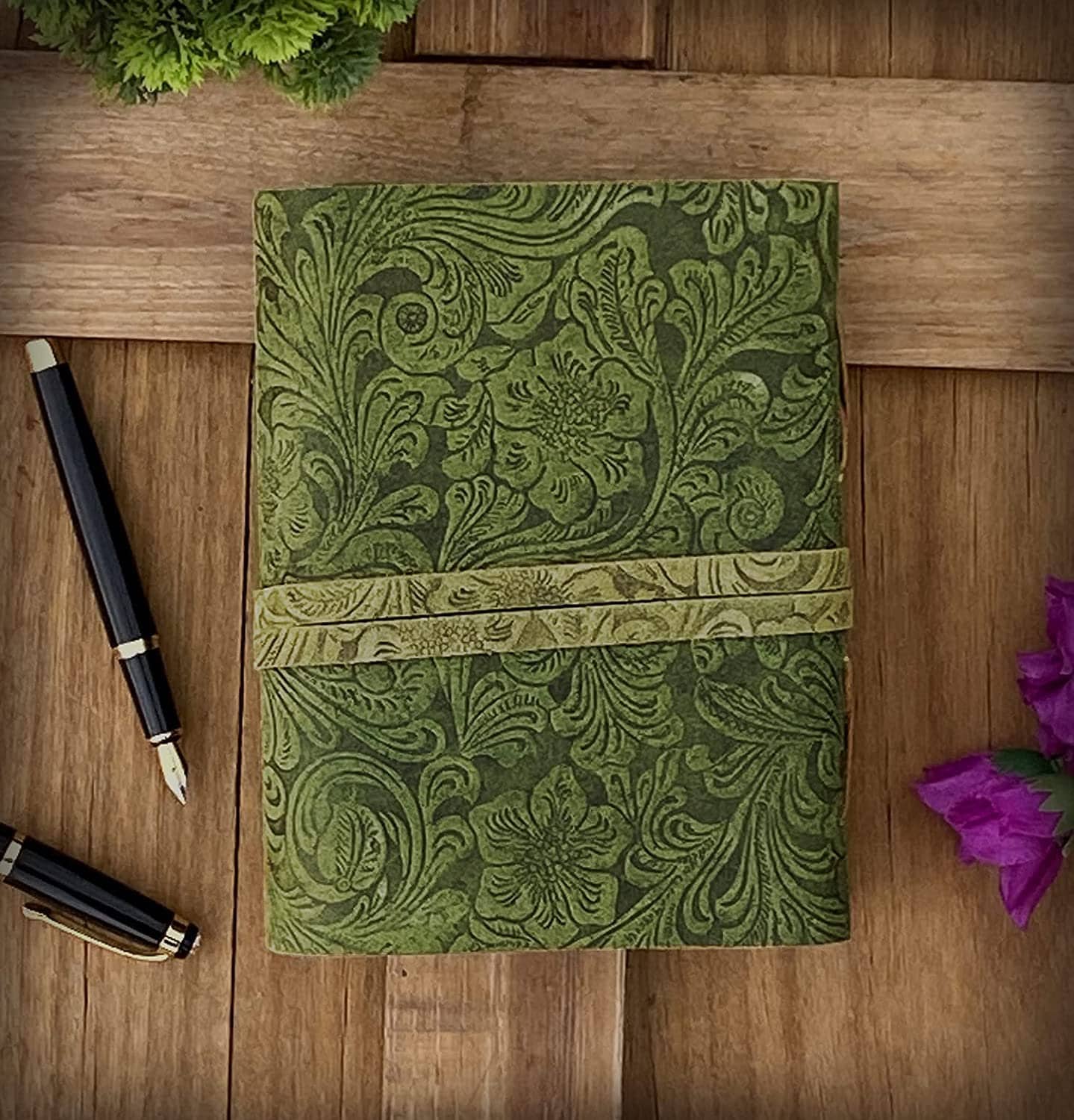Handmade Leather Journal With Key Lock - Green Flower Embossed Notebook ...