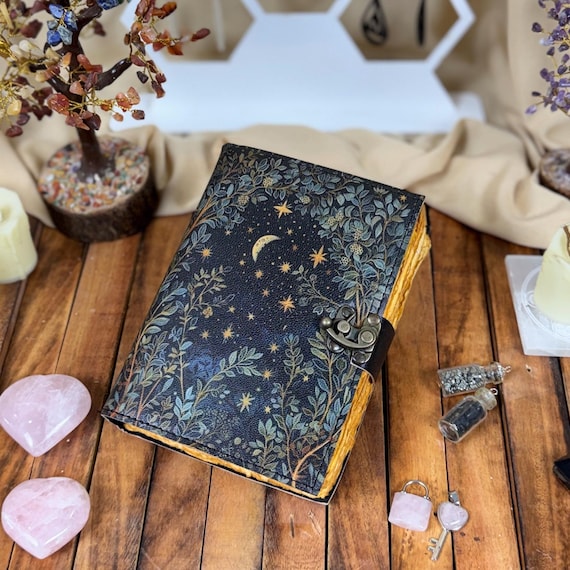 Grimoire leather journal - Moon And Tree Printed Blank spell book of shadows Gifts For women vintage journal