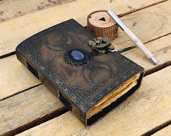 Handmade Leather Journal: Vintage Spell Book of Shadows with Third Eye Stone