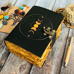 400 Page Large Grimoire leather journal, Leather Print Moon Phases journal, Blank spell book book of shadows Leather Gifts For Him