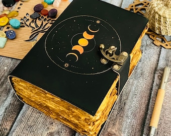 400 Page Large Grimoire leather journal, Leather Print Moon Phases journal, Blank spell book book of shadows Leather Gifts For Him