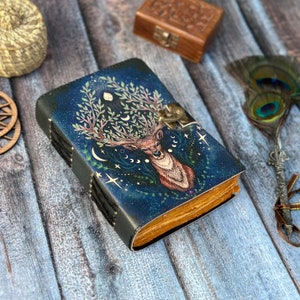 Grimoire Leather deer Print journal Blank spell book of shadows Leather Gifts For Him sketchbook journal notebook