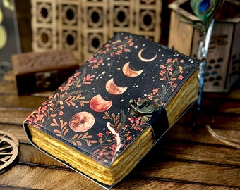 Moon Phase Vintage Leather Journal for Men & Women 200 Pages of Antique Handmade Deckle Edge Paper, Leather Sketchbook, Christmas Gift