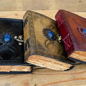 Pack Of 3 book of shadows, Vintage Leather Journal Third Eye Crystal Stone Triple Moon phase journal, Three Color Pack Leather Gifts For him