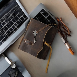 Pode incluir: Um di&aacute;rio de couro marrom com um chaveiro e uma al&ccedil;a amarela. O di&aacute;rio est&aacute; sobre uma mesa com um laptop e um bast&atilde;o de madeira com uma borla marrom.