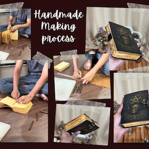 May include: A collage showing the handmade process of creating a book. The book is black with gold edges and the words "Book of Spells" on the cover. The cover also features a skull and pentagram design.