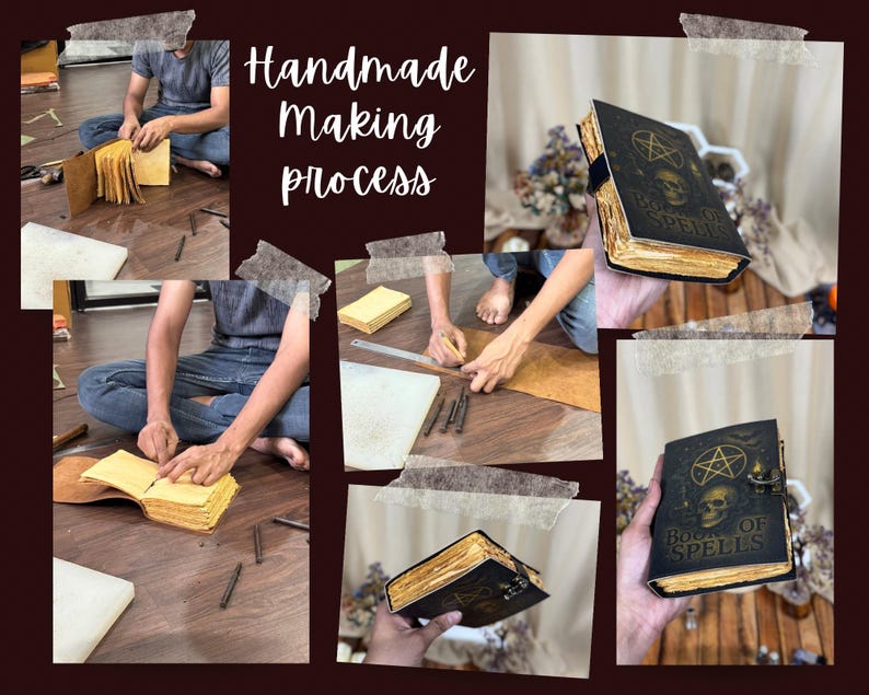 May include: A collage showing the handmade process of creating a book. The book is black with gold edges and the words "Book of Spells" on the cover. The cover also features a skull and pentagram design.