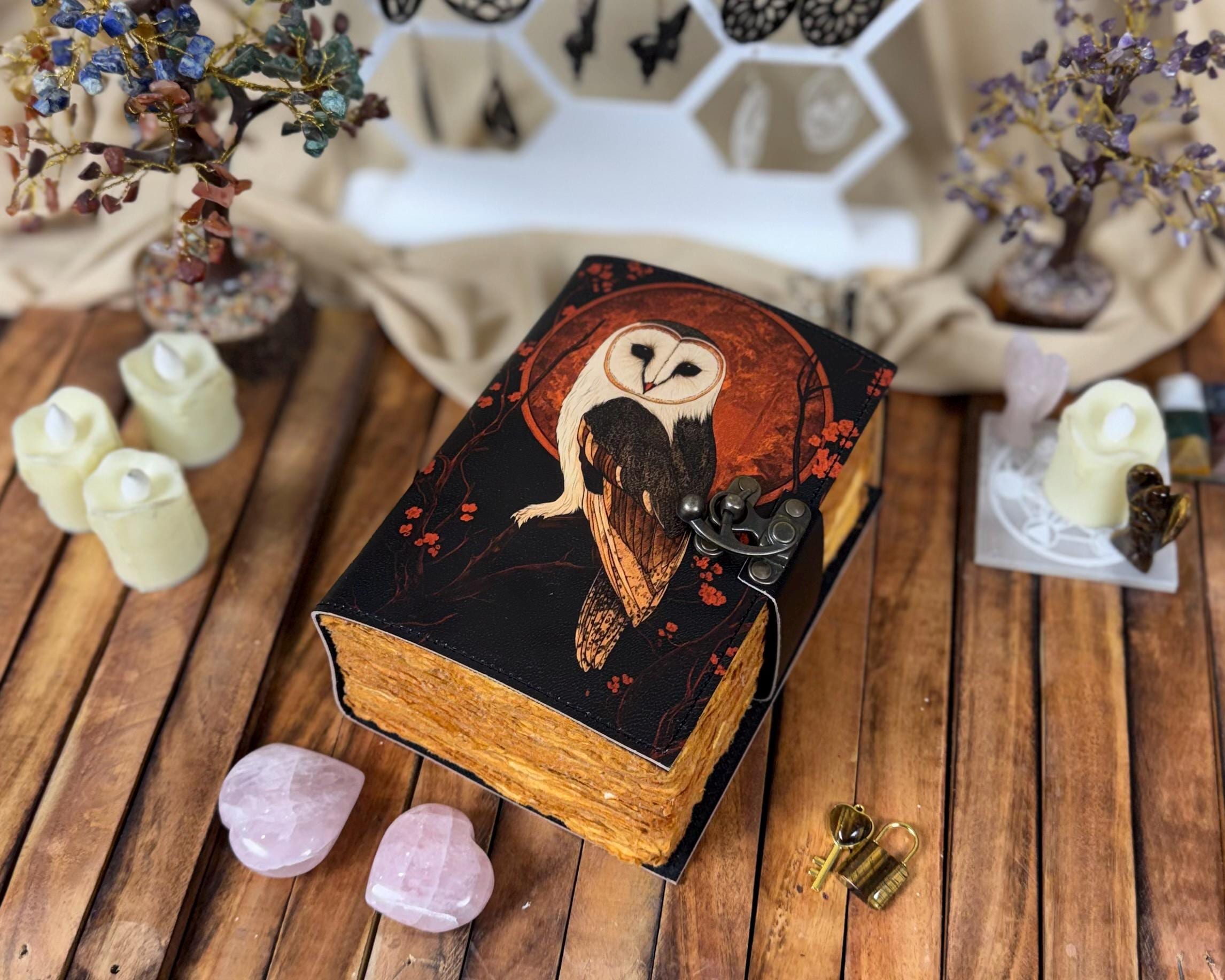 Owl Leather Journal, Gothic Barn Owl Notebook, Vintage Deckle Edge Diary, Lockable Handmade Journal,