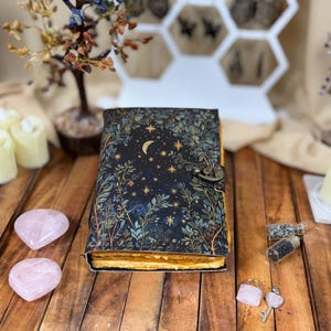 Grimoire Leather Journal - Moon and Tree Printed Blank Spell Book of ...