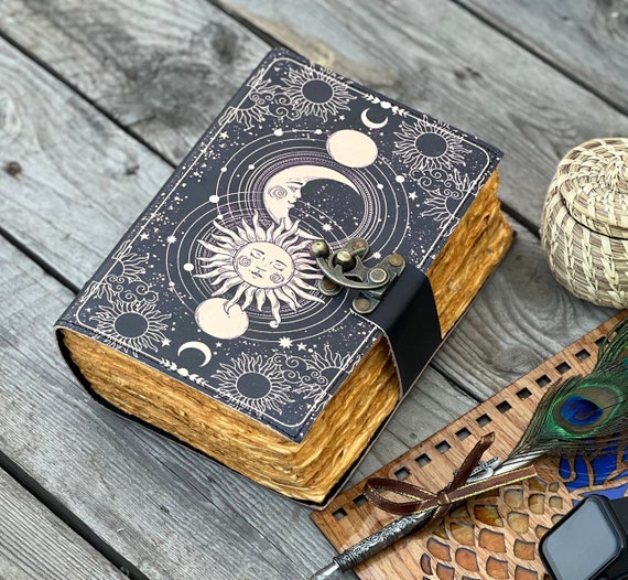 Large Leather Grimoire Journal: Sun & Moon Embossed Spell Book