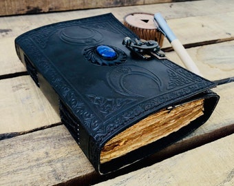 Black Triple Moon Crystal Leather Journal, Blank witche Spell Book Of Shadows Grimoire - Antique Deckle Paper - Sketchbook, sacred geometry